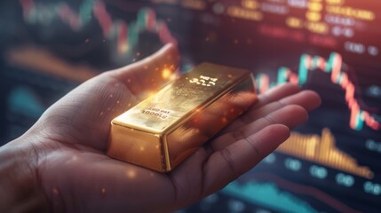 Poster - A hand holding a gold bar with financial charts and graphs in the background, symbolizing the correlation between gold and economic stability.