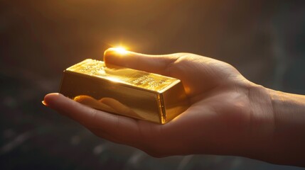 Poster - A hand holding a shiny gold bar against a dark background, highlighting the allure and value of physical gold assets.