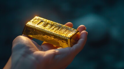 Poster - A hand holding a shiny gold bar against a dark background, highlighting the allure and value of physical gold assets.