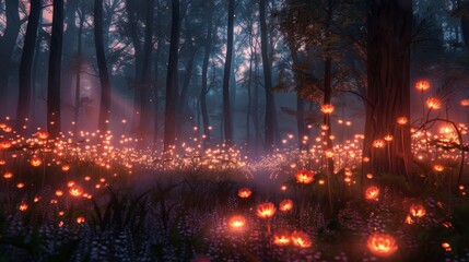Fototapete - A magical forest illuminated by the soft light of fire flowers, creating a dreamlike and enchanting ambiance