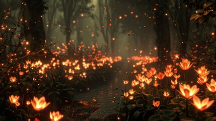 Aufkleber - A magical forest illuminated by the soft light of fire flowers, creating a dreamlike and enchanting ambiance