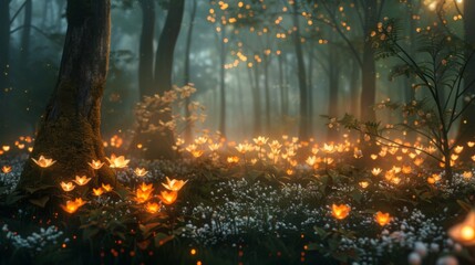 Fototapete - A magical forest illuminated by the soft light of fire flowers, creating a dreamlike and enchanting ambiance