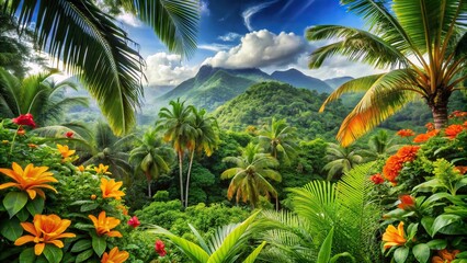 Wall Mural - Tropical scene with lush green leaves and vibrant orange flowers, Tropical, Leaves, Greenery, Foliage, Exotic, Flora, Vibrant, Colorful, Blossoms, Nature, Beauty, Botanical, Paradise, Lush