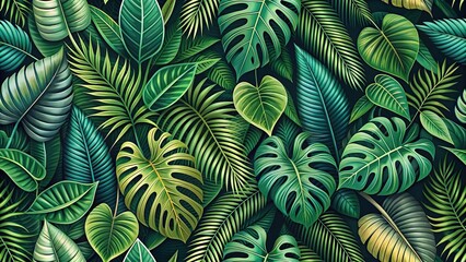 Canvas Print - Seamless tropical plants leaves pattern in 2D style, exotic, seamless, plants, leaves, pattern, tropical, botanical, foliage, nature, background, green,jungle, vibrant, lush, colorful