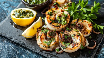 Wall Mural - A plate of grilled squid tentacles served with tangy salsa verde and grilled lemon wedges, on a slate platter with a garnish of fresh herbs.