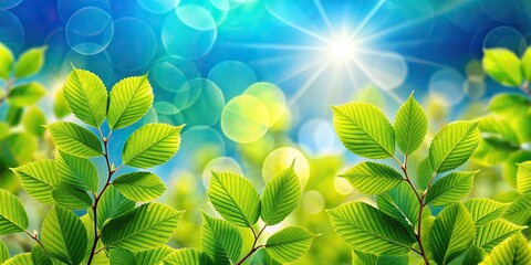 Wall Mural - Fresh green foliage and blue sky background with bokeh highlights , nature, spring, summer, lush, vibrant, foliage, leaves, trees, growth, outdoors, environment, sunny, sunlight, beauty