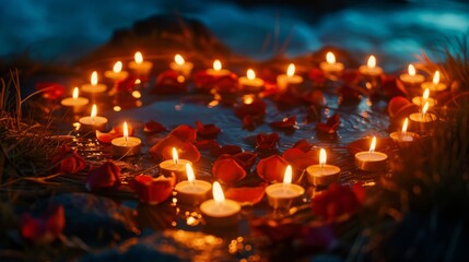A romantic proposal scene with candles arranged in a heart shape, creating a dreamy and unforgettable moment