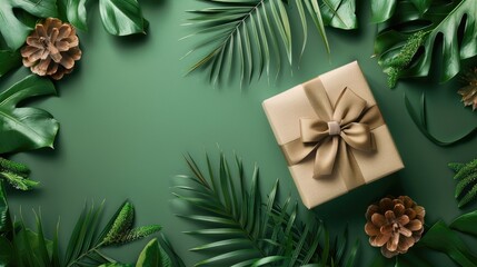 Wall Mural - A gift box with a decorative ribbon bow, set on a flat lay solid color background with dried flowers and tropical leaves, featuring ample area for copy