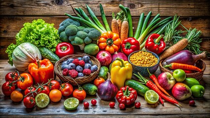 Wall Mural - Fresh fruits and vegetables arranged on a rustic background , healthy, organic, farm-fresh, colorful, produce, market, natural, agriculture, vibrant, ingredients, nutrition, harvest