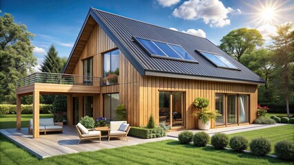 Modern eco-friendly wooden house with solar panels on the roof, sustainable, green energy, renewable, modern, architecture, eco house, eco-friendly, photovoltaic, solar energy