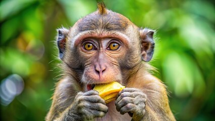 A cute macaque monkey happily eating a ripe banana , adorable, macaque, monkey, eating, banana, wildlife, nature, animal, cute, wilderness, forest, tropical, primate, fluffy, hungry, dietary