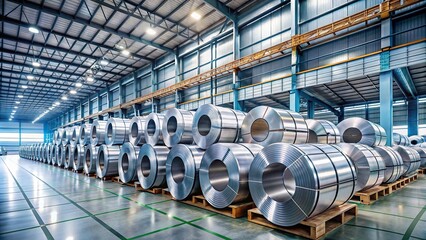 Wall Mural - Packed coils of galvanized steel sheet in a warehouse steel plant , metal rolls, manufacture, industrial, storage, factory, machinery, production, stack, storage, warehouse