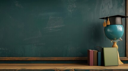 Wall Mural - Globe with graduation hat and school accessory on wooden table in front of empty chalkboard with copy space. 3D Rendering, 3D Illustration