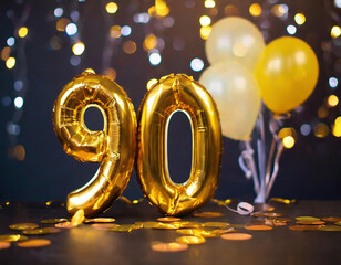 Wall Mural - Number 90 gold foil balloon. Anniversary celebration decoration with golden balloons on bokeh background. Party, birthday, anniversary, celebration concept	