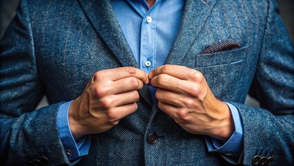 Closeup of a blue tweed blazer with a dark blue shirt buttoned up by a businessman's hands, business, man, blazer, tweed, blue, dark blue, shirt, button, hands, closeup, fashion, professional
