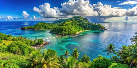 Scenic wallpaper featuring a tranquil and serene island landscape overlooking the ocean with lush greenery and clear blue skies, peaceful, relaxing, tranquil, island, paradise, scenery, ocean