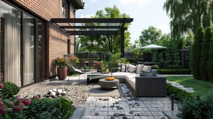 Wall Mural - Home garden exterior and patio 3D Rendering