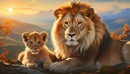 Poster - Art of a lion and a lioness and their cubs. 8K, high image resolution, detailed and beautiful.