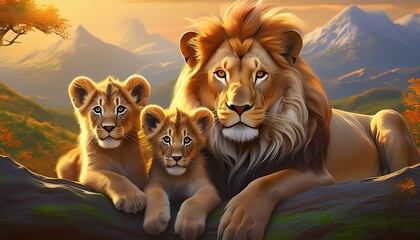 Poster - Art of a lion and a lioness and their cubs. 8K, high image resolution, detailed and beautiful.