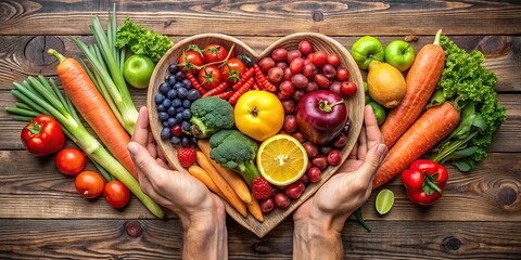Two hands holding a heart surrounded by nutritious foods like fruits and vegetables, heart, health, nutrition, hands, fruits, vegetables, wellness, symbol, red, love, fresh, organic