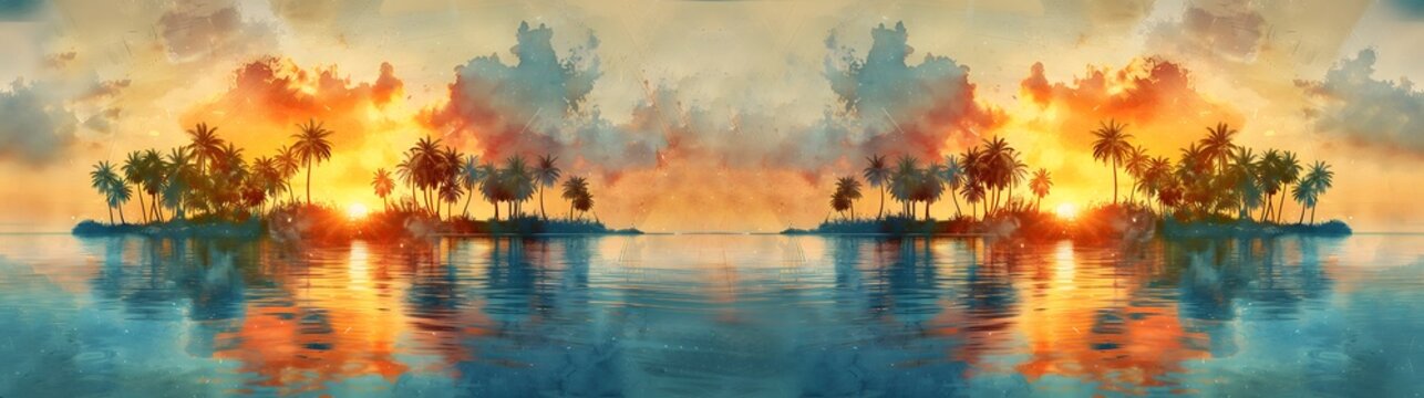 Seamless border with hand painted watercolor  of a breathtaking paradise island with palm sands and crystal water.  For print, graphic design, postcards