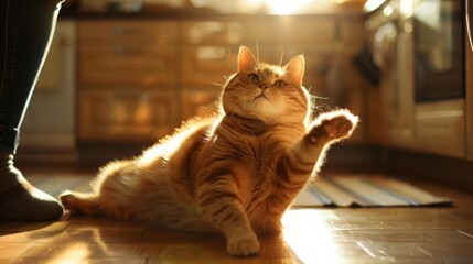 An obese cat stretching out on a kitchen floor, reaching for a treat from its owner in a warmly lit kitchen