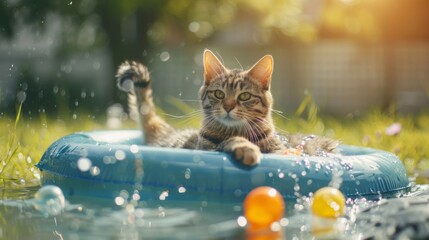 Wall Mural - An overweight cat having fun in a small pool, splashing and playing with floating toys on a sunny day in a beautiful garden