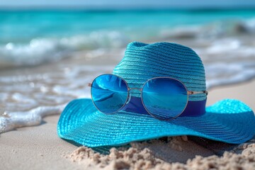 A picturesque scene of a bright blue sun hat paired with stylish sunglasses resting on a sandy beach, with turquoise waves gently rolling in the background on a sunny day