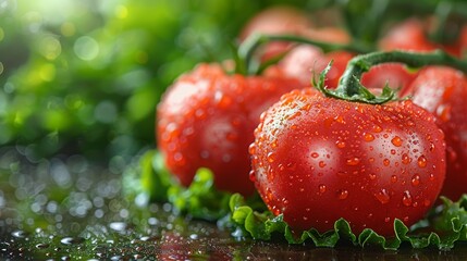 Wall Mural - Fresh and vibrant tomatoes with water droplets sitting on a bed of green lettuce leaves, highlighting the freshness and juiciness of the fruit, perfect for salads or cooking