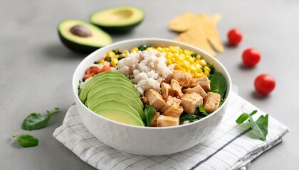 Indulge in a delightful homemade Mexican chicken burrito bowl brimming with flavorful rice beans corn juicy tomato creamy avocado and fresh spinach a scrumptious taco salad lunch bowl