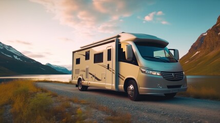 a mobile home parked by a quiet lake, surrounded by mountains and trees in autumn colors.