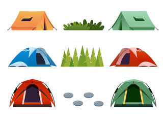 collection of a camping tent in the forest vector illustration. collection of camping tents with dif