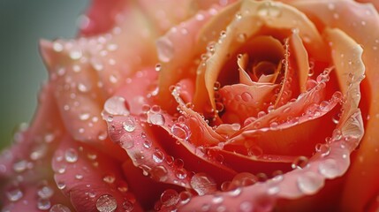 Poster - Macro shot of raindrops gathering on the surface of a coral rose, highlighting the vibrant color and delicate form