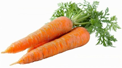 Wall Mural - High-resolution image of two fresh, vibrant orange carrots with green leafy tops isolated on a white background, showcasing their natural texture and color