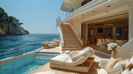 Luxurious Yacht Featuring an Expansive Deck Area with Comfortable Loungers, a Pool Overlooking the Ocean, and Elegant Interior Design Near a Rocky Coastline