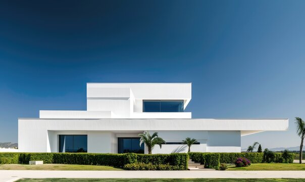 A spacious and luxurious white villa with a modern and minimalist architectural design