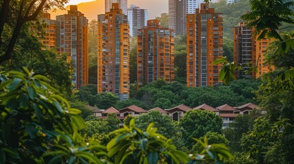 The image captures a vibrant and lush urban landscape at sunset, featuring high-rise apartment buildings surrounded by dense greenery in a harmonious blend of nature and city life