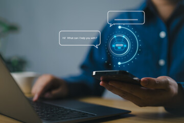Fototapete - Digital chatbot, robot application, conversation assistant, AI Artificial Intelligence concept. Man using mobile smart phone, with digital chatbot on virtual screen, customer service