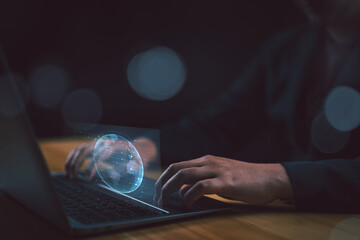 Aufkleber - businessman use computer with Global network connection. Big data analytics and business intelligence concept. globe with point and line concept of global business. e commers Digital link tech.