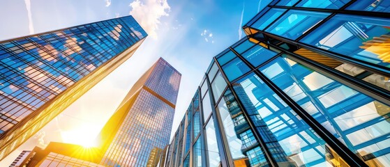 Wall Mural - modern skyscrapers against the blue sky, with sunlight reflecting on glass facades and urban landscapes in the background