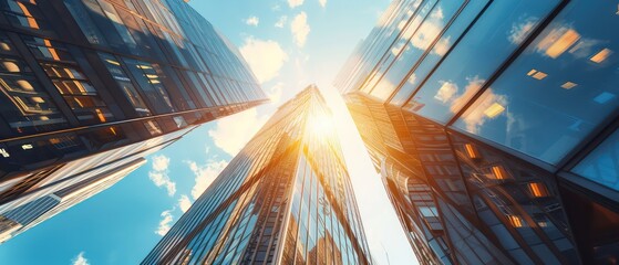 Wall Mural - modern skyscrapers against the blue sky, with sunlight reflecting on glass facades and urban landscapes in the background