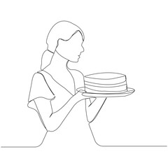 Woman holding a plate of cake line art drawing. Vector illustration.