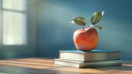 Wall Mural - Ready for school concept background. School books with fresh apple and copy space. 3D Rendering, 3D Illustration