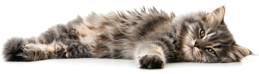 Fluffy cat lying on the white background, looking relaxed and comfortable. Long-haired feline pet in a peaceful pose.