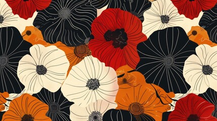 Naklejka na meble Abstract seamless pattern featuring hand drawn flowers in black red and orange tones