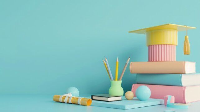 School books with accessories and graduation hat on light blue background with copy space. 3D Rendering, 3D Illustration
