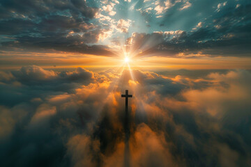 A cross amidst a sea of fog, with brilliant sunrays piercing through the dense clouds above, creating an ethereal atmosphere.