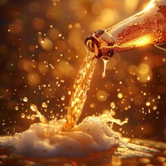 Pouring beer, golden cascade, vintage, soft focus, digital painting, realistic liquid