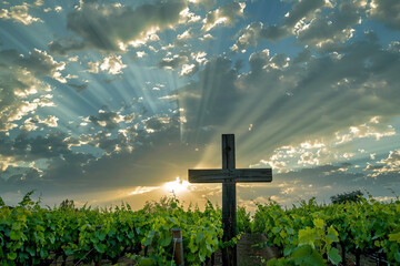 A cross amidst lush vineyards, illuminated by gentle sunrays breaking through the clouds, symbolizing growth and abundance.