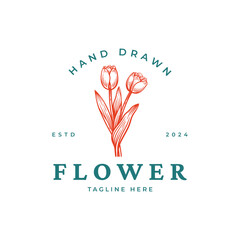 Wall Mural - Hand Drawn Tulip Flower Logo. Floral Botanical Emblem Design